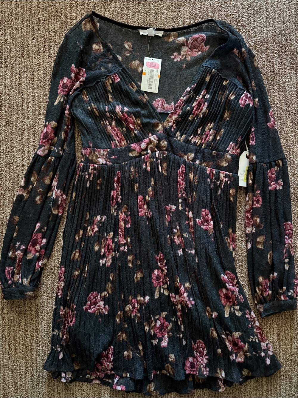 Floral V-Neck Long Sleeve Black Dress with Rose Print